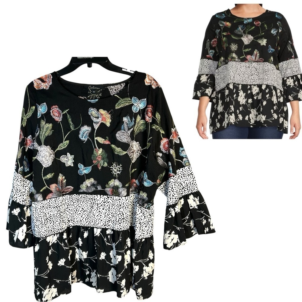 NEW Calessa Size 1X Black Floral Print Embroidered Jewel Neck 3/4 Sleeve Tiered